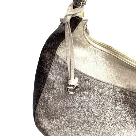 Rare Retired Brighton Barbados Zip Top Hobo Shoulder Bag Colorblock Pewter Cream - Picture 8 of 10